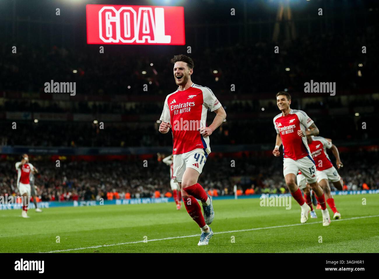 London UK 08th Apr 2025 Declan Rice Of Arsenal Celebrates His Goal london-uk-08th-apr-2025-declan-rice-of-arsenal-celebrates-his-goal