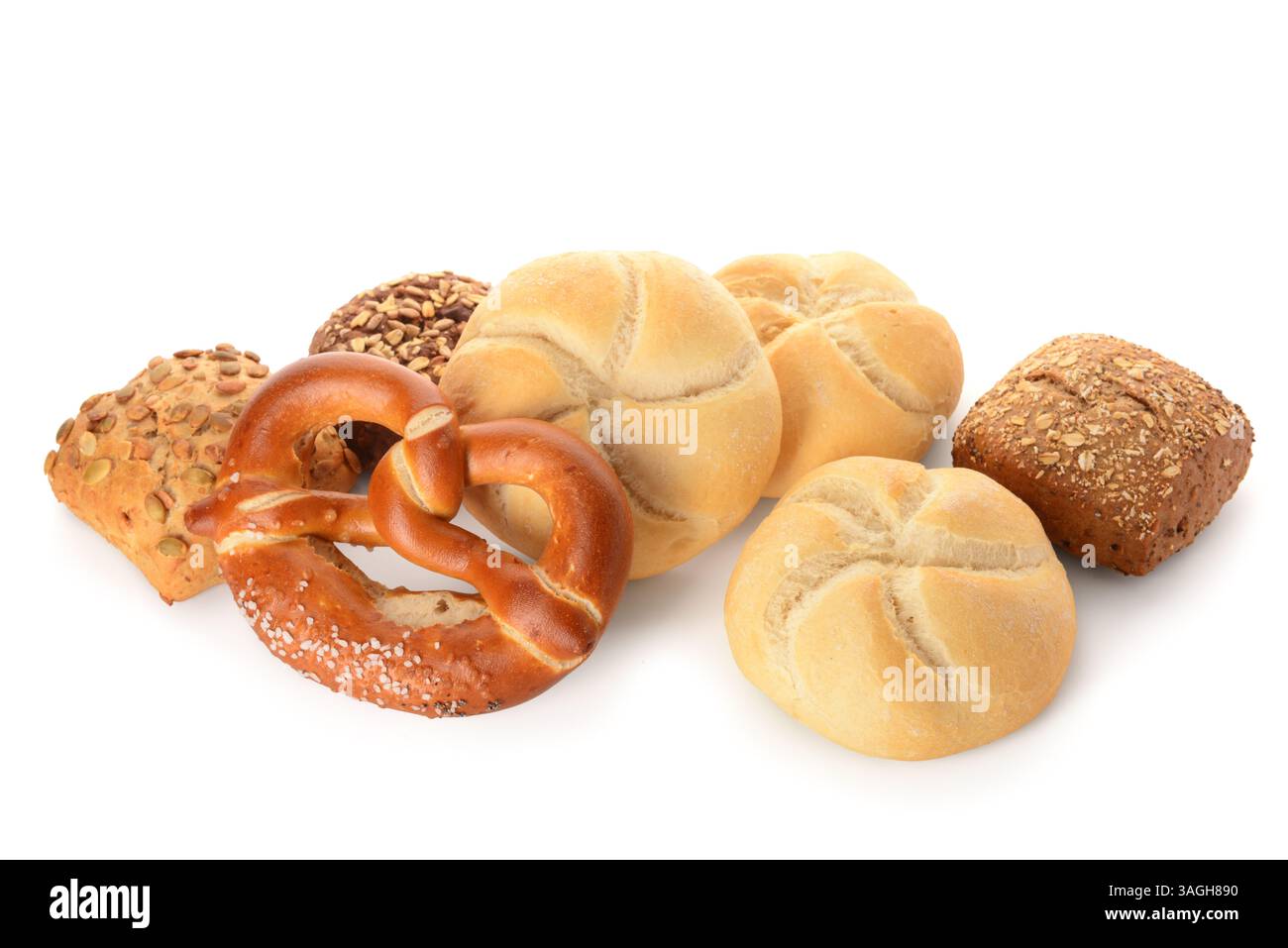 Different delicious buns and pretzel on white background Stock Photo