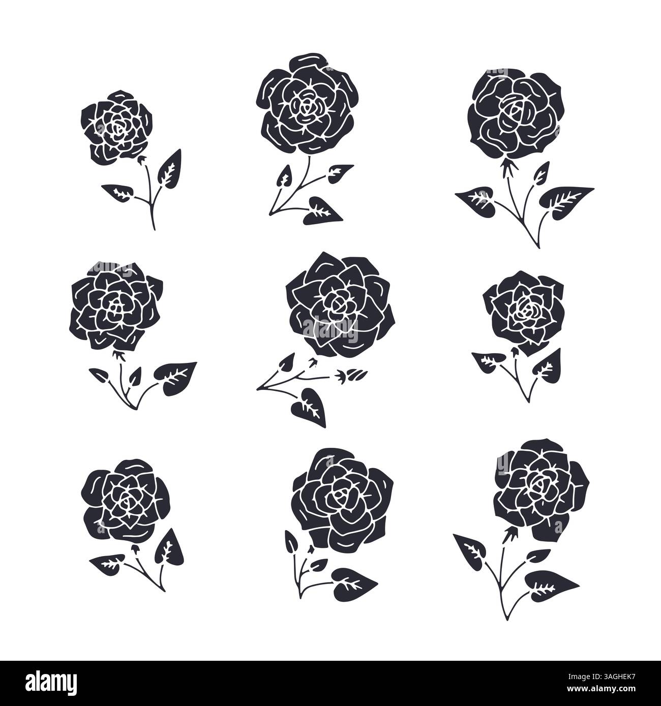 Hand drawn black silhouette of rose flowers set Stock Vector Image ...