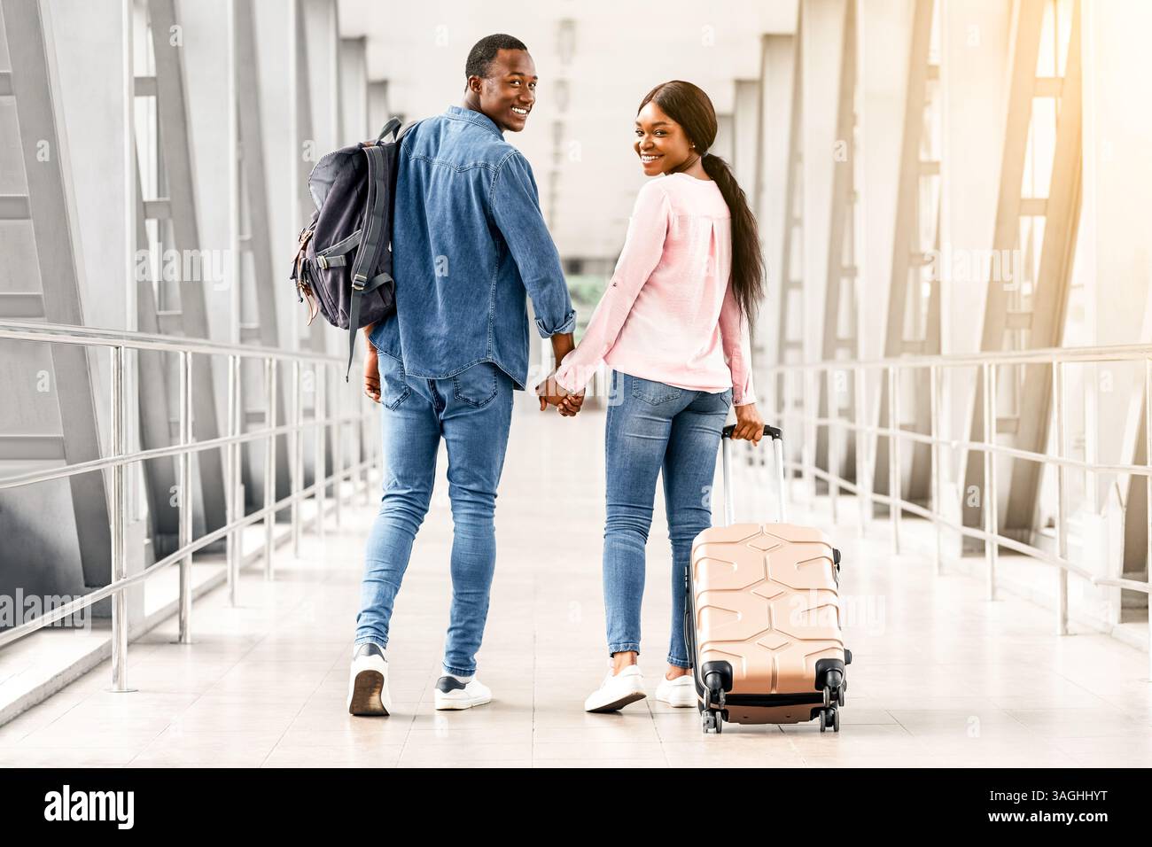 Couple Travelling Concept. Romantic Black Spouses Walking With Luggage ...