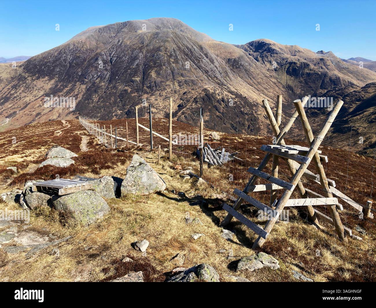 Ladder Stile and Deer fence on the slopes of The Mamores mountain range, near Fort William, Scotland Stock Photo
