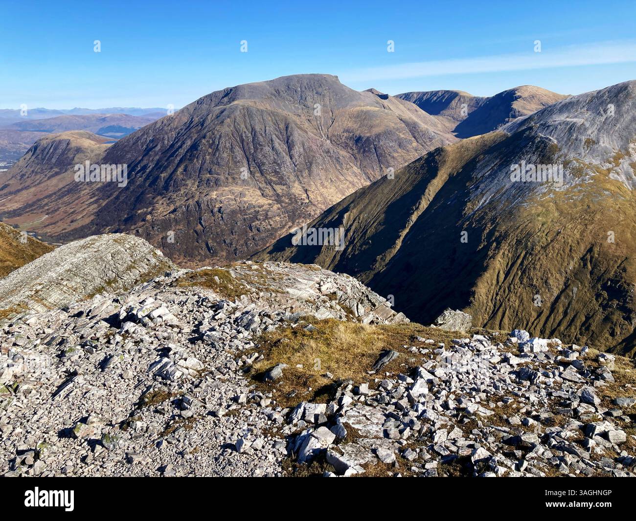 View of the eastern Mamores mountain range from the summit of munro Stob Ban, near Fort William, Scotland - Smartphone Captured Stock Image