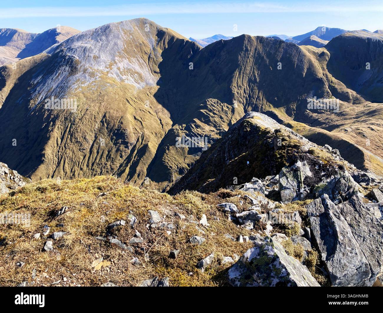 View of the eastern Mamores mountain range from the summit of munro Stob Ban, near Fort William, Scotland - Smartphone Captured Stock Image
