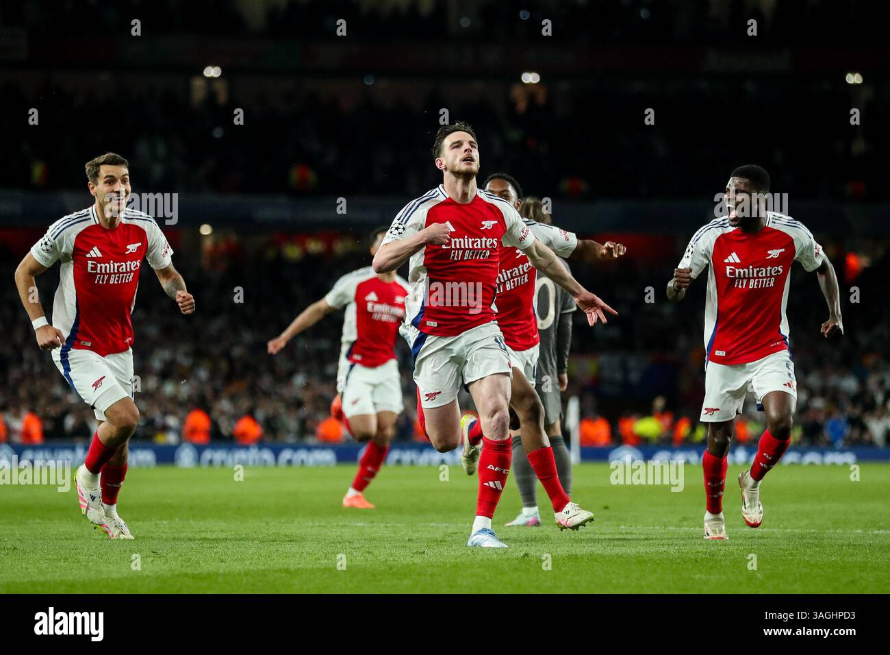 London UK 08th Apr 2025 Declan Rice Of Arsenal Celebrates His Goal london-uk-08th-apr-2025-declan-rice-of-arsenal-celebrates-his-goal