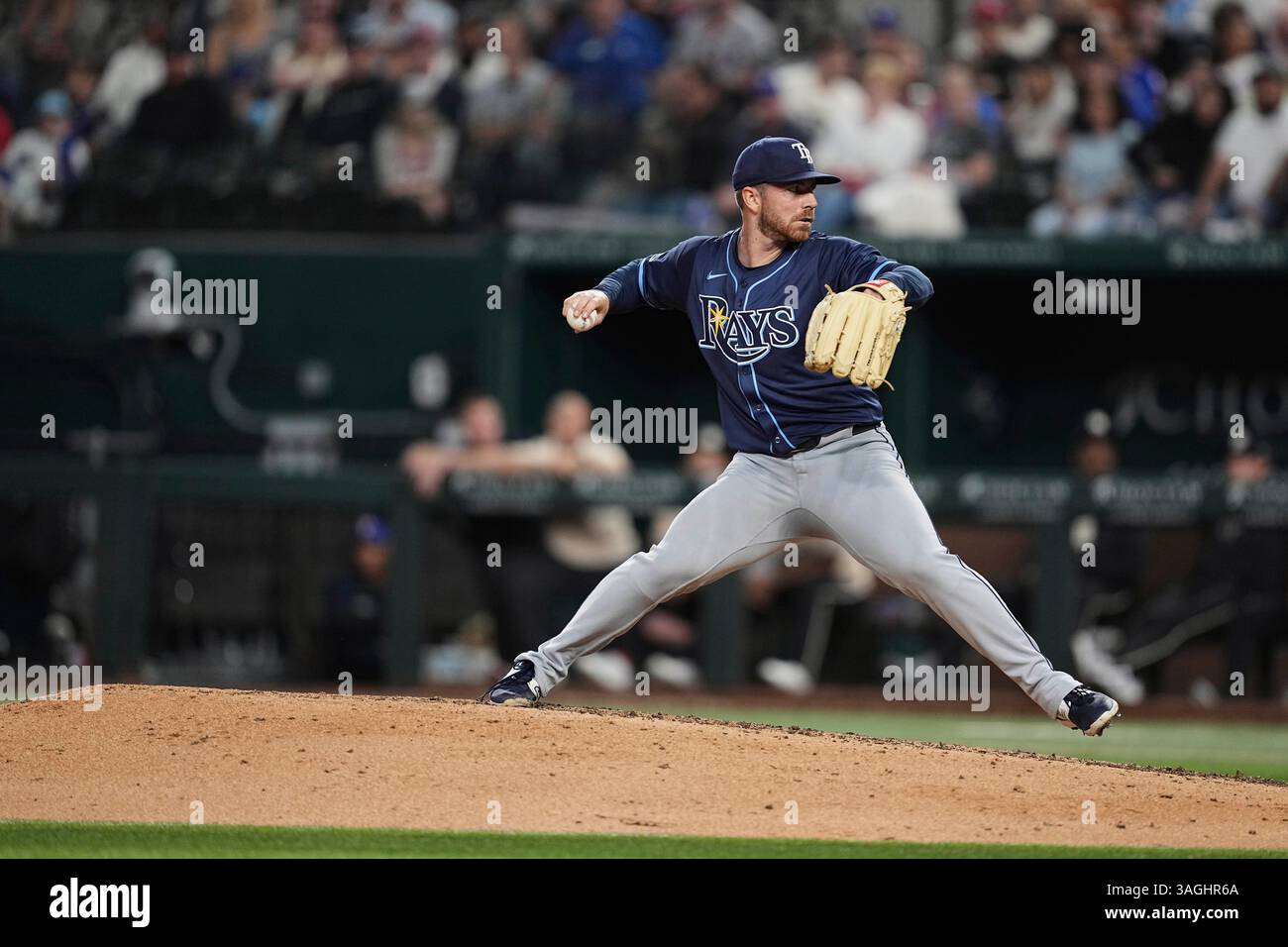 Tampa Bay Rays relief pitcher Hunter Bigge throws to the Texas Rangers ...