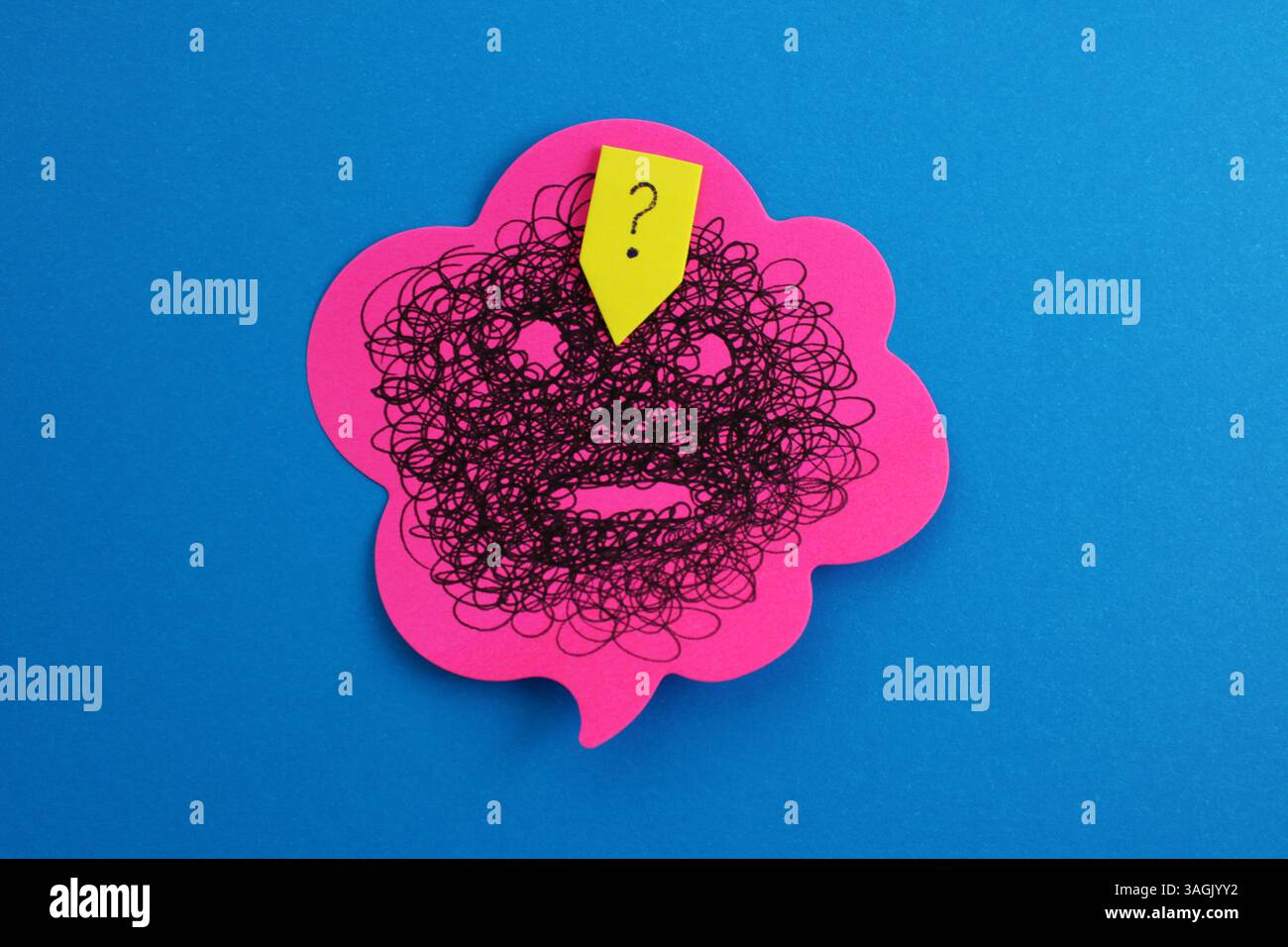 Speech bubble with question mark and face formed with conflicting message Stock Photo