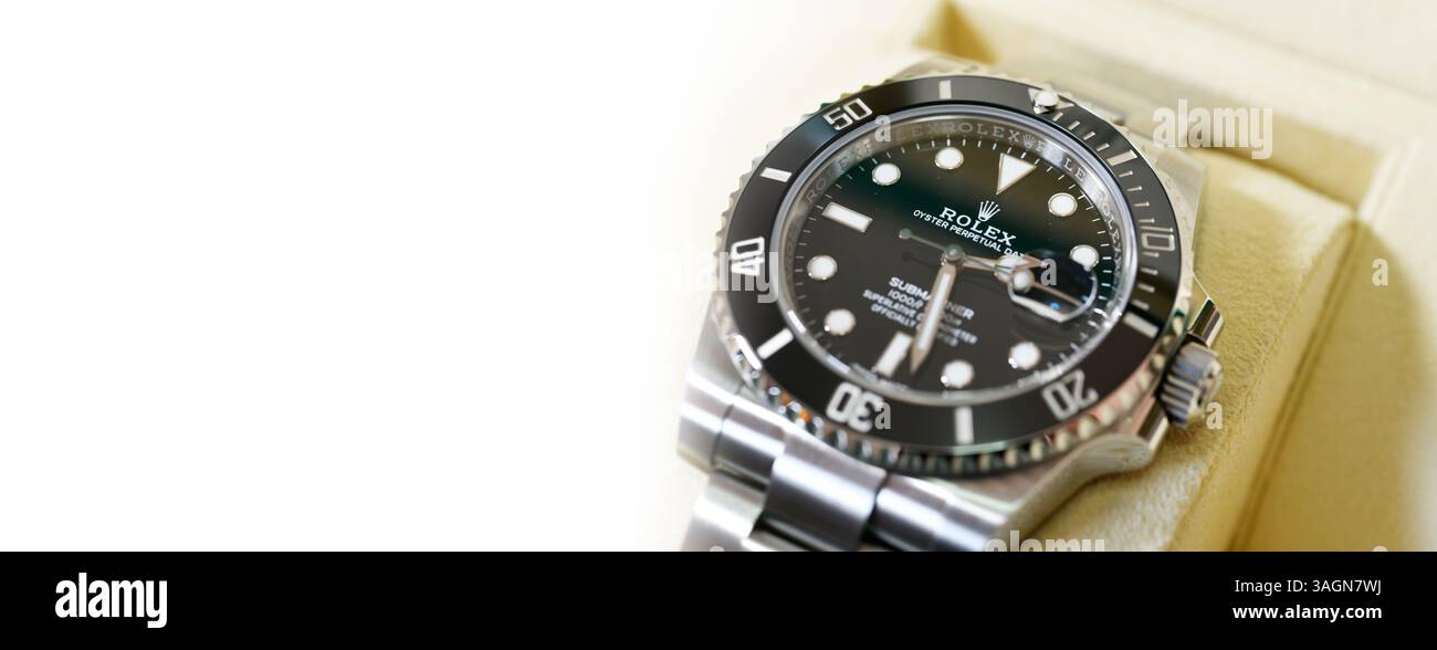 Bangkok Thailand- January 28,2021:Close up Rolex Submariner Date Steel Black Ceramic Men's Wrist watch Stock Photo