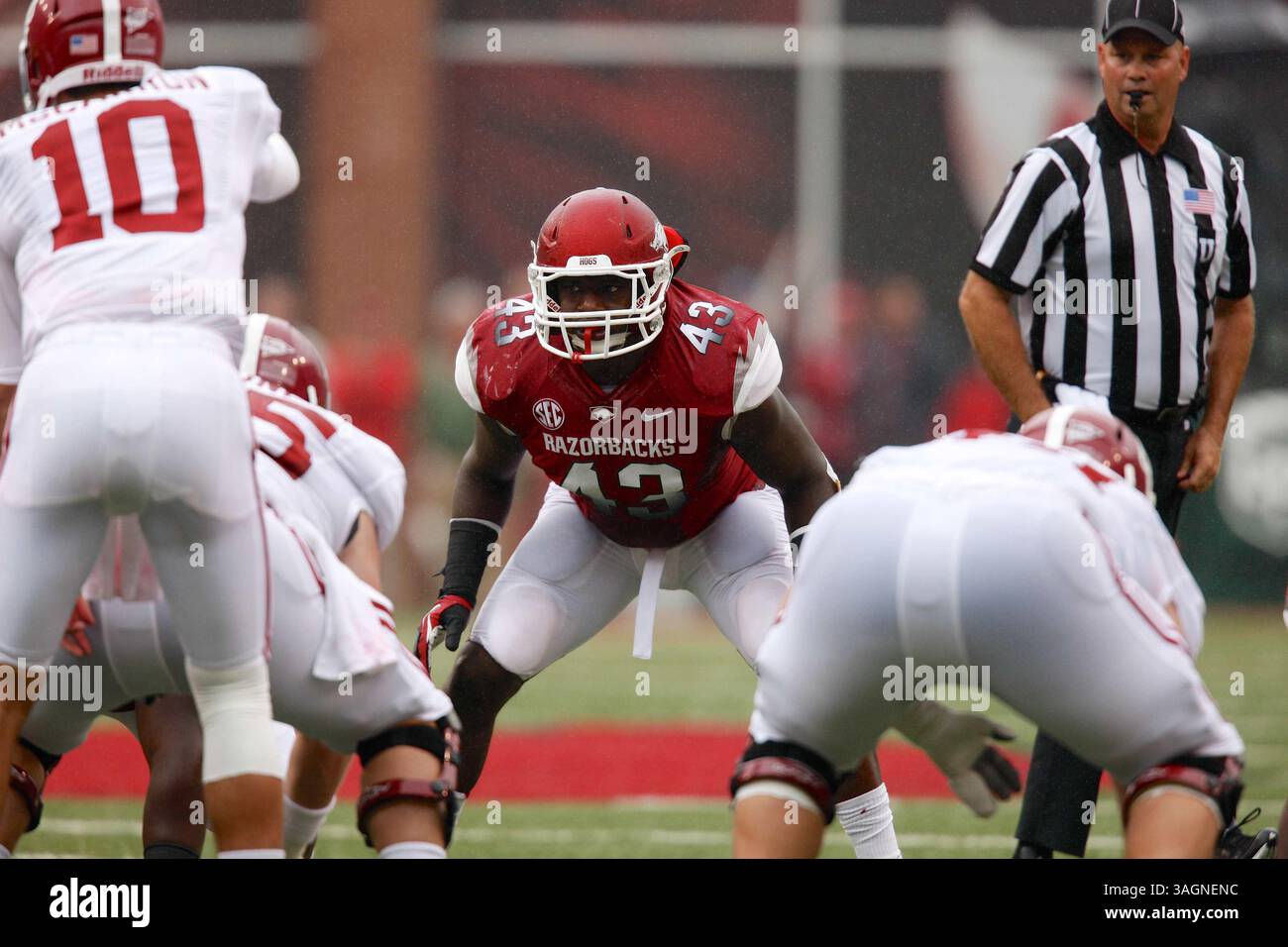 Defeated Razorback Sep 15, 2012: Razorback linebacker Tenarius Wright #43 looks into the ...