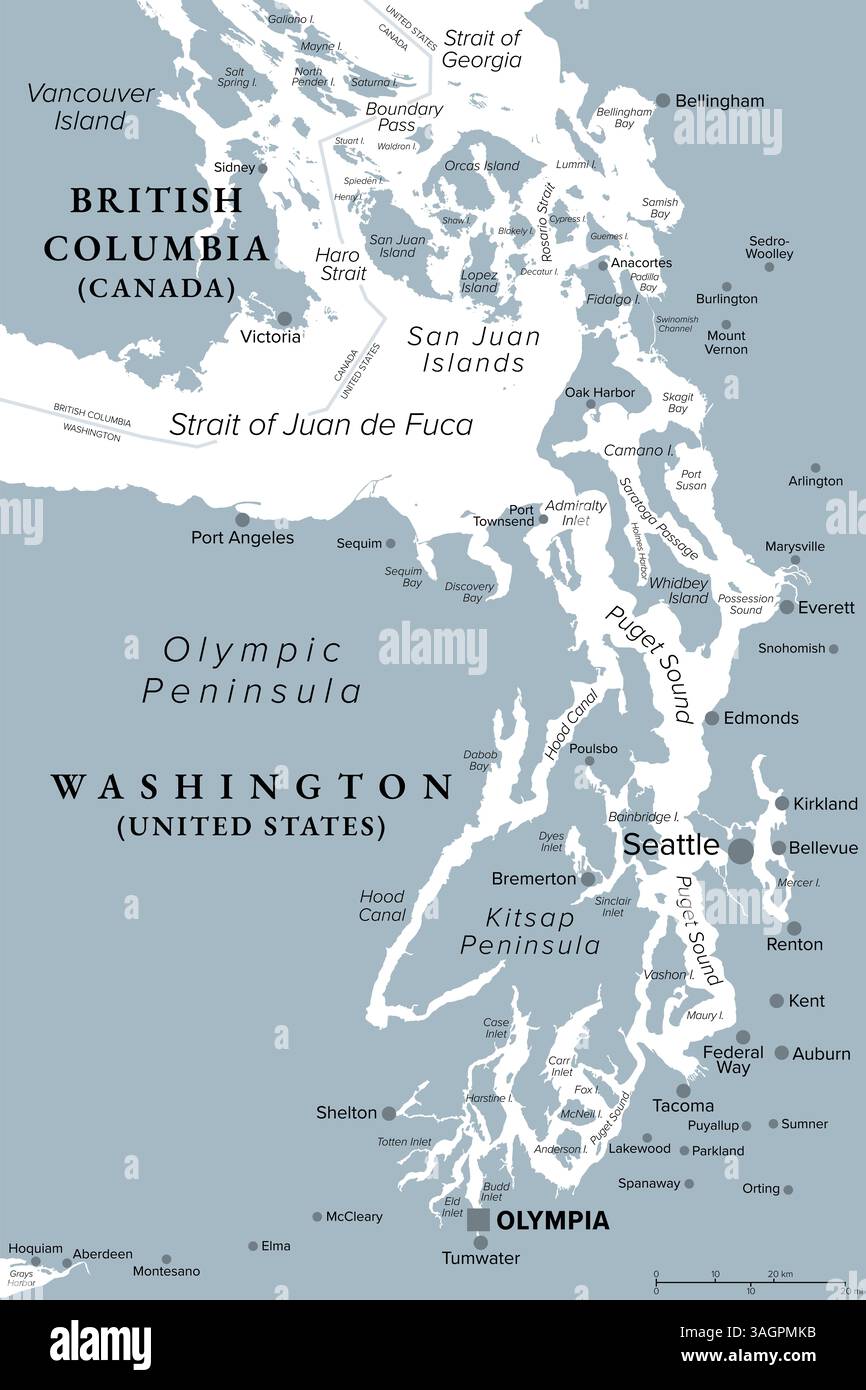 Puget Sound region, U.S. state of Washington, gray political map ...