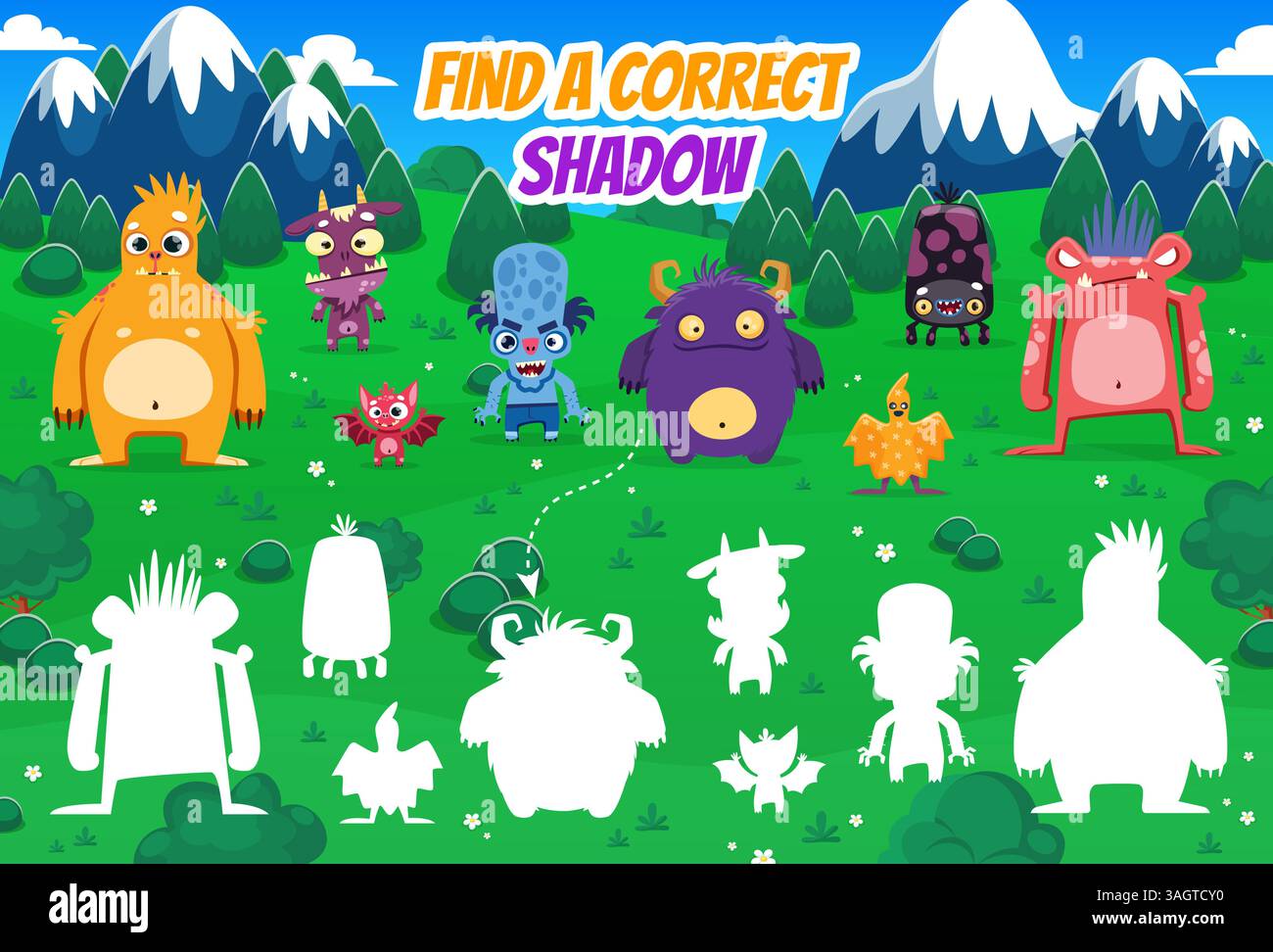 Find a correct shadow of funny monster characters, kids game worksheet ...