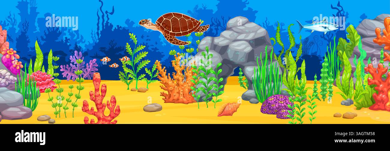 Underwater landscape, game background with sea turtle and colorful ...