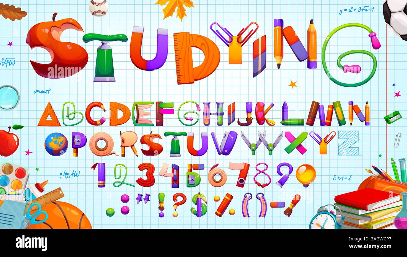 Cartoon education font, school kid typeface, creative typography type ...