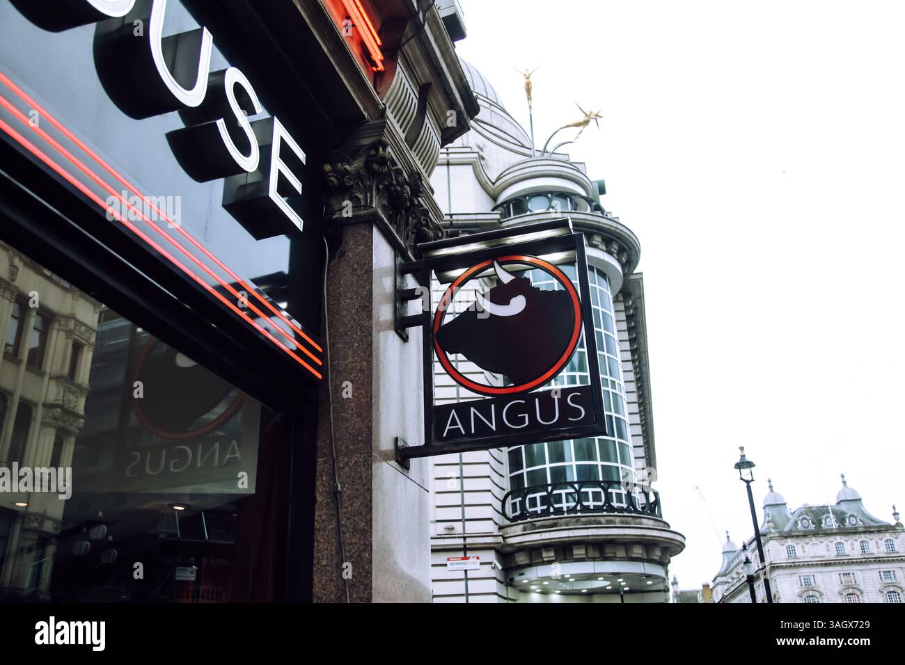 Angus Steak house sign outdoor external, daytime, Coventry Street ...