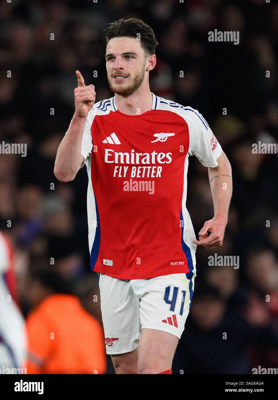 London, UK. 08th Apr, 2025. Arsenal v Real Madrid - Champions League Quarter Final - Emirates Stadium. Declan Rice celebrates scoring his second amazing free kick for Arsenal. Picture Credit: Mark Pain/Alamy Live News Stock Photo
