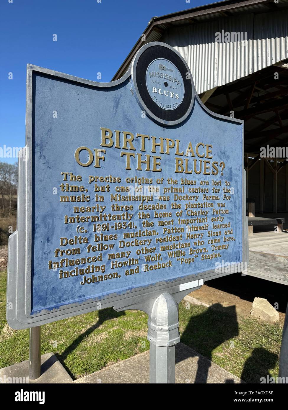 USA Mississippi near Cleveland Dockery Farm Exterior where it is said it the place for the birthplace of Blues music sign - Smartphone Captured Stock Image
