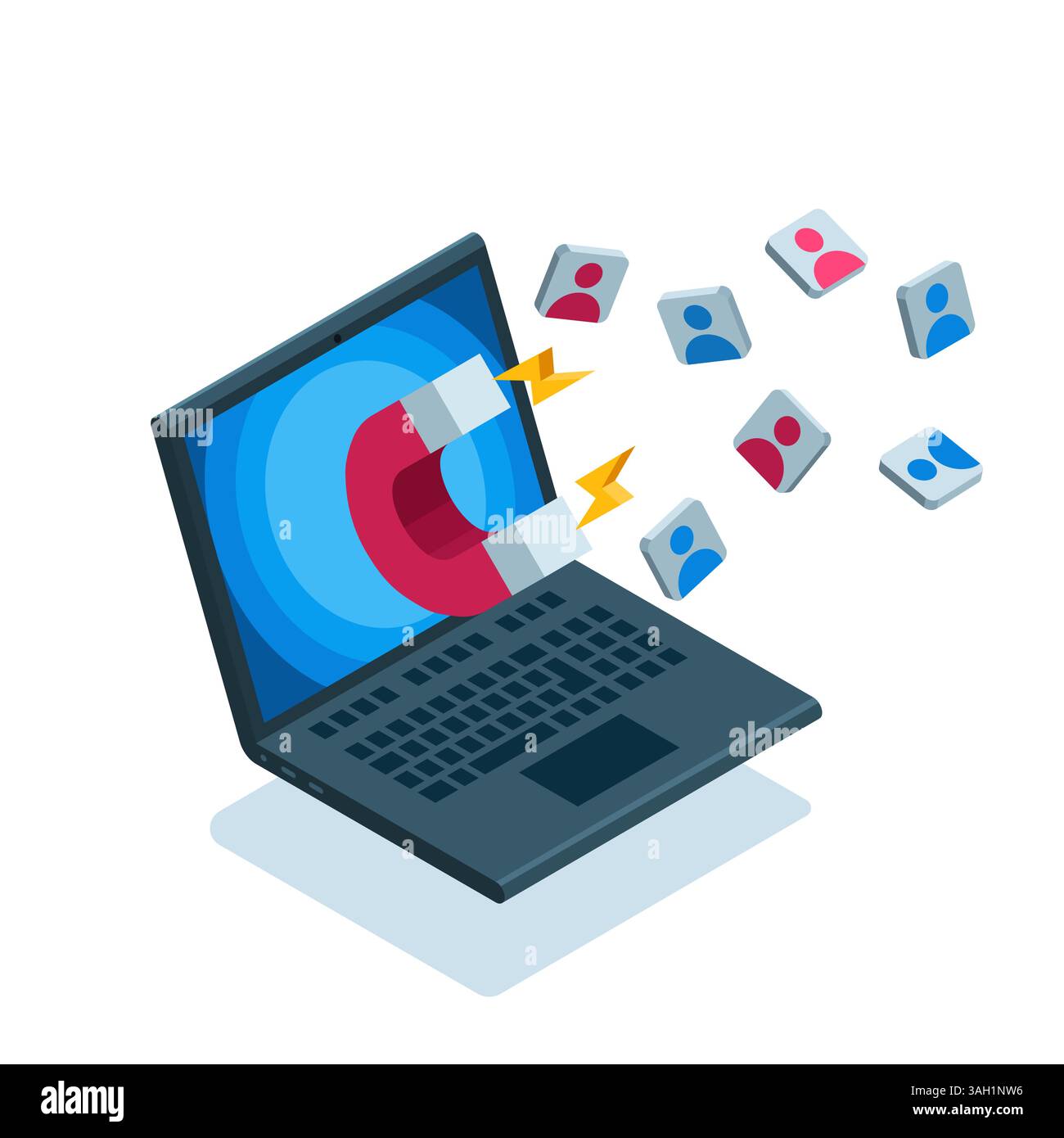 isometric magnet attracts users to the laptop screen in color on a white background, online marketing or attracting customers and subscribers Stock Vector