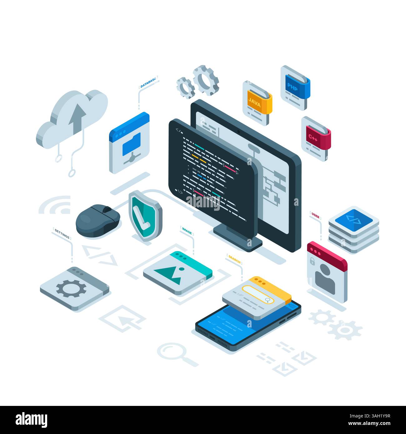 isometric computer and smartphone with a programming window and program elements in color on a white background, programming or software development Stock Vector