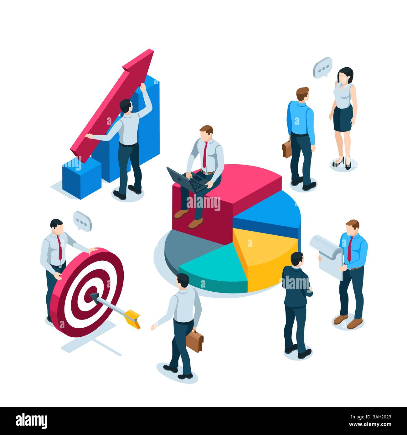 isometric business people near the chart and diagram in color on a ...