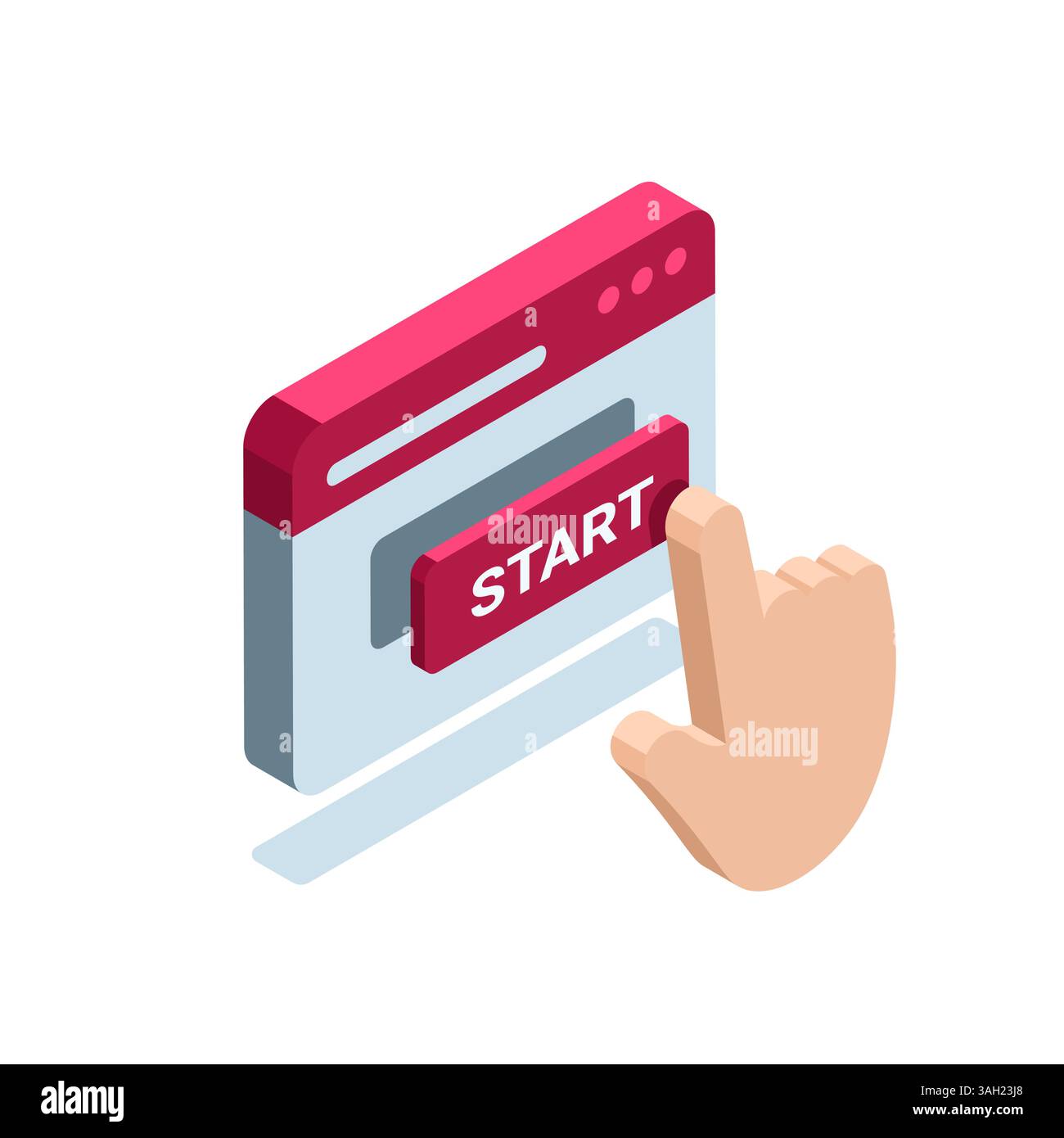 isometric hand presses a button with the word start, in color on a ...