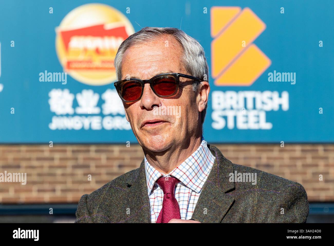 Scunthorpe, UK. 08th Apr, 2025. Reform UK leader Nigel Farage visits the blast furnace and hold a press conference outside the British Steel plant in Scunthorpe to boost calls for nationalisation of the site. Credit: Neil Terry/17�Թ����� Live News Stock Photo