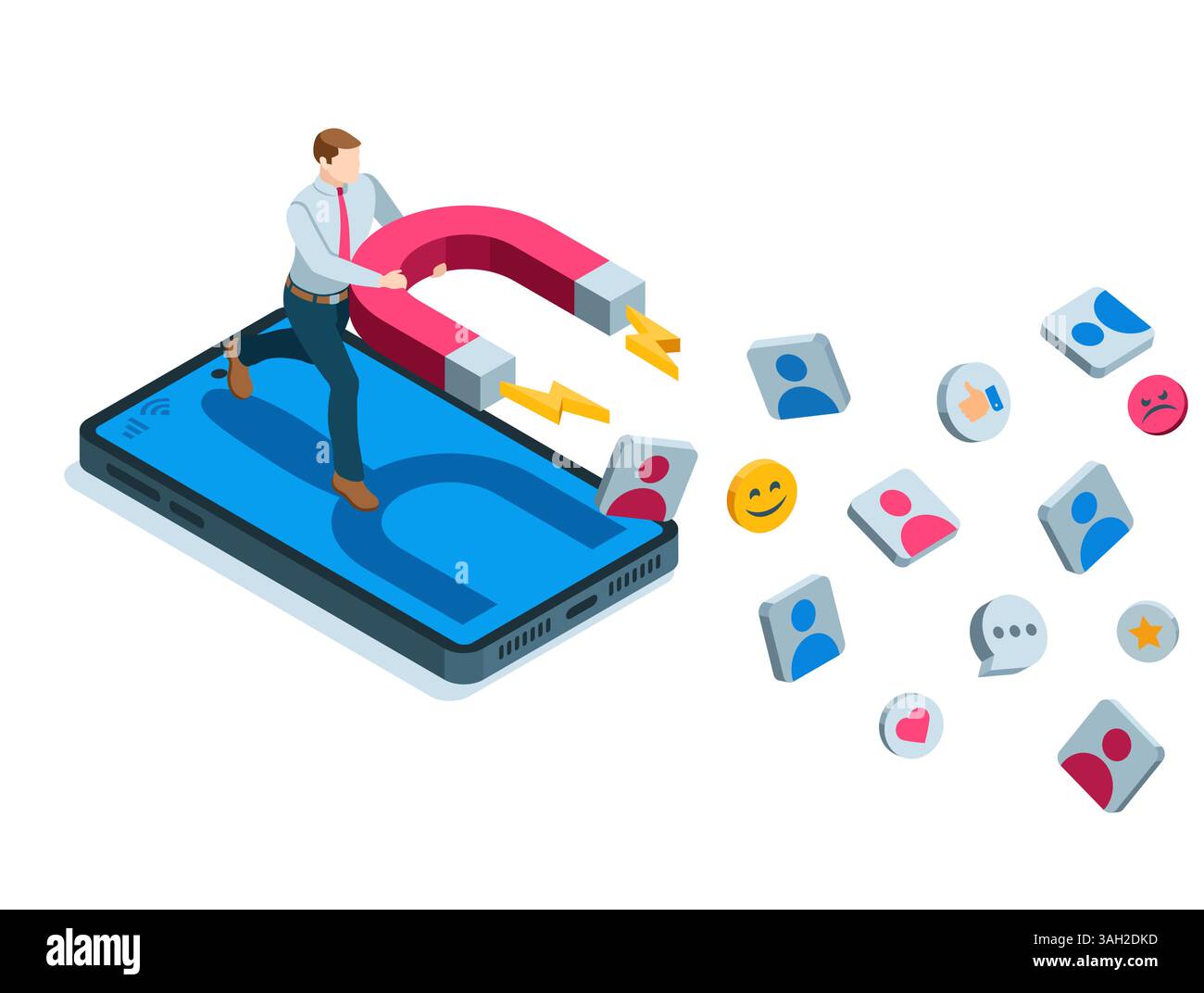 isometric man with a magnet on the smartphone screen, in color on a white background, business marketing or attracting subscribers and users of the In Stock Vector