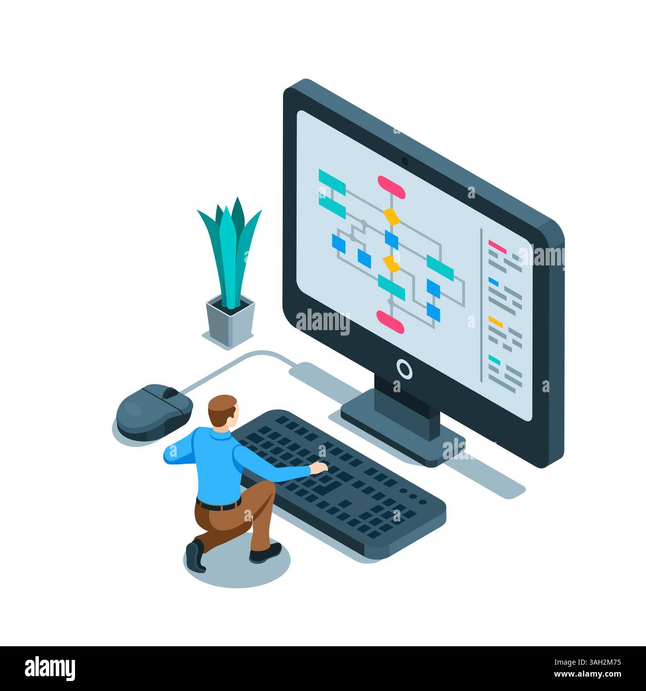 isometric man working at a computer, in color on a white background ...