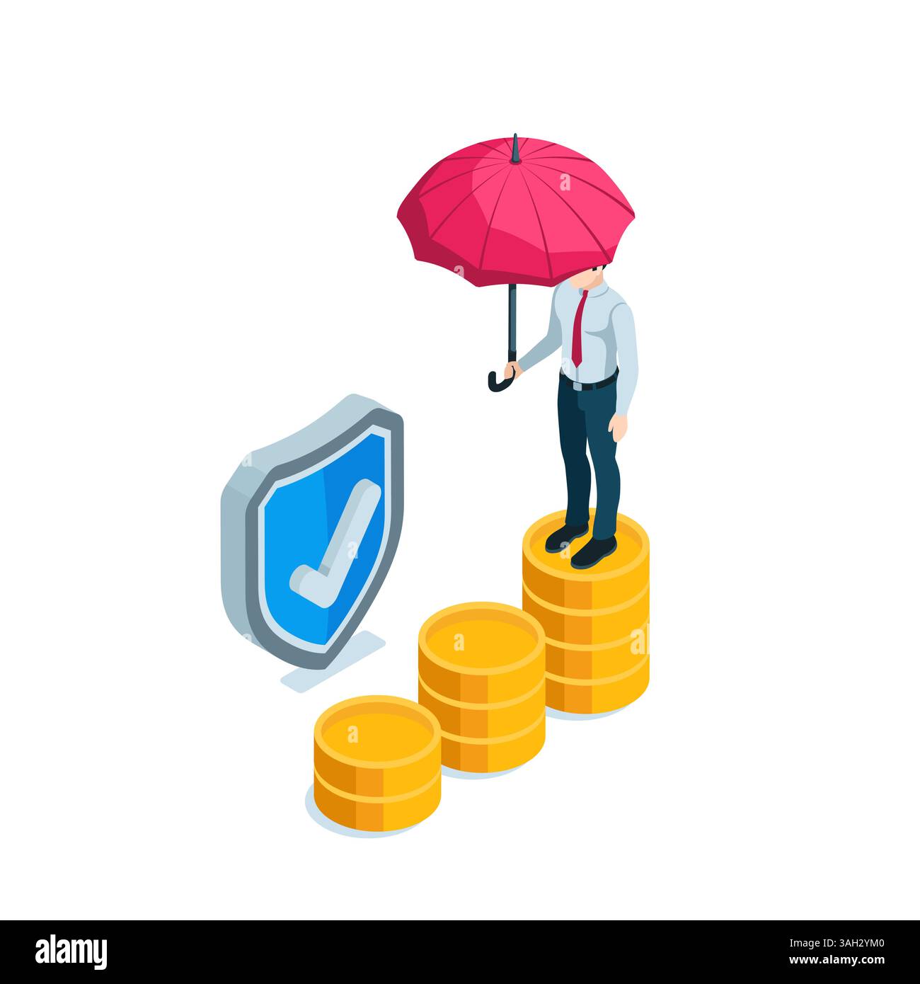 isometric business man with an umbrella stands on a chart of coins in color on a white background, investment protection or monetary insurance Stock Vector