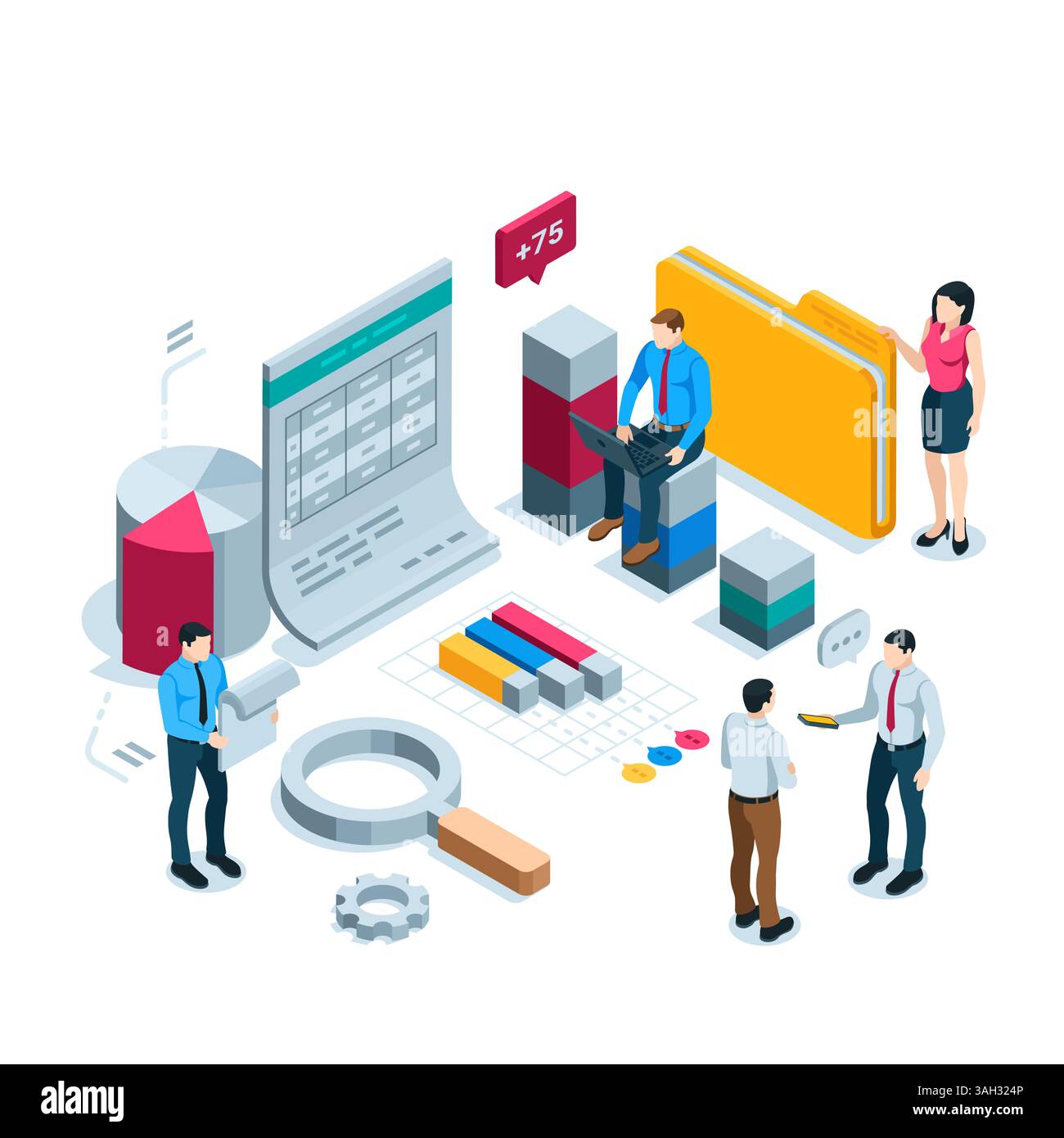 isometric business people near the chart and diagram in color on a ...