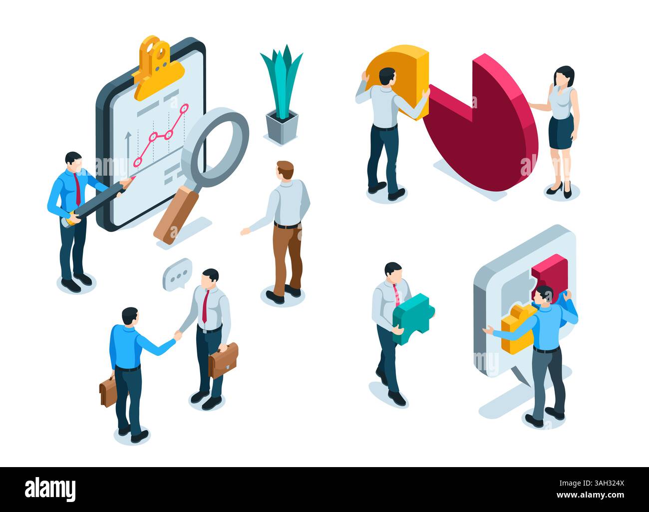 isometric business people near the chart and diagram in color on a ...