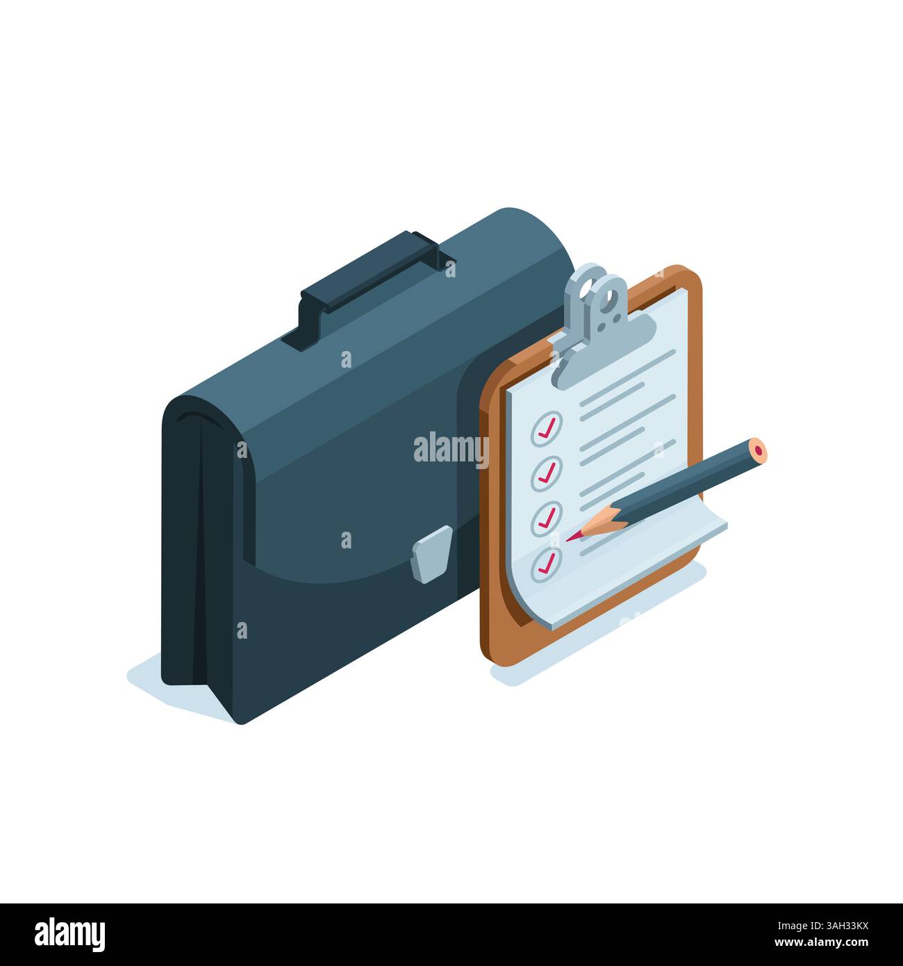 isometric business briefcase and tablet with a paper sheet on which ticks and a pencil are marked, in color on a white background, business task or to Stock Vector