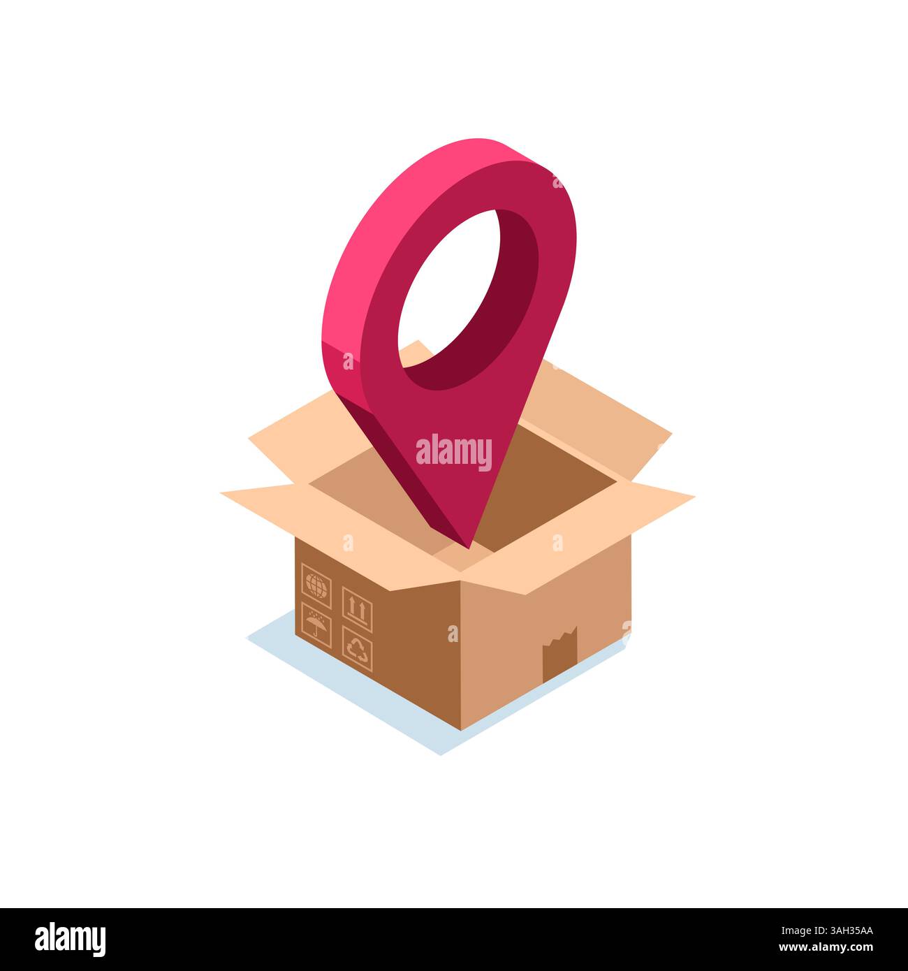 isometric location icon and open cardboard box in color on white ...