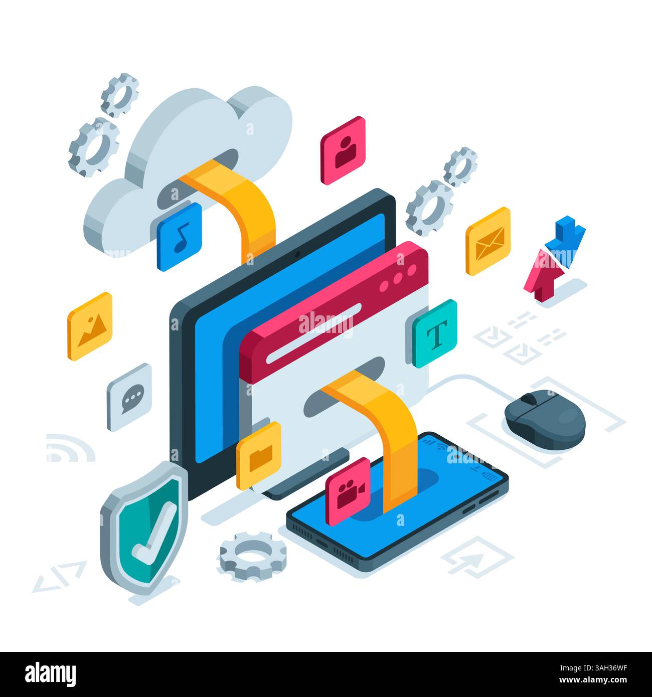 isometric computer next to a smartphone and a cloud connected to each other in color on a white background, synchronizing and transferring data from g Stock Vector