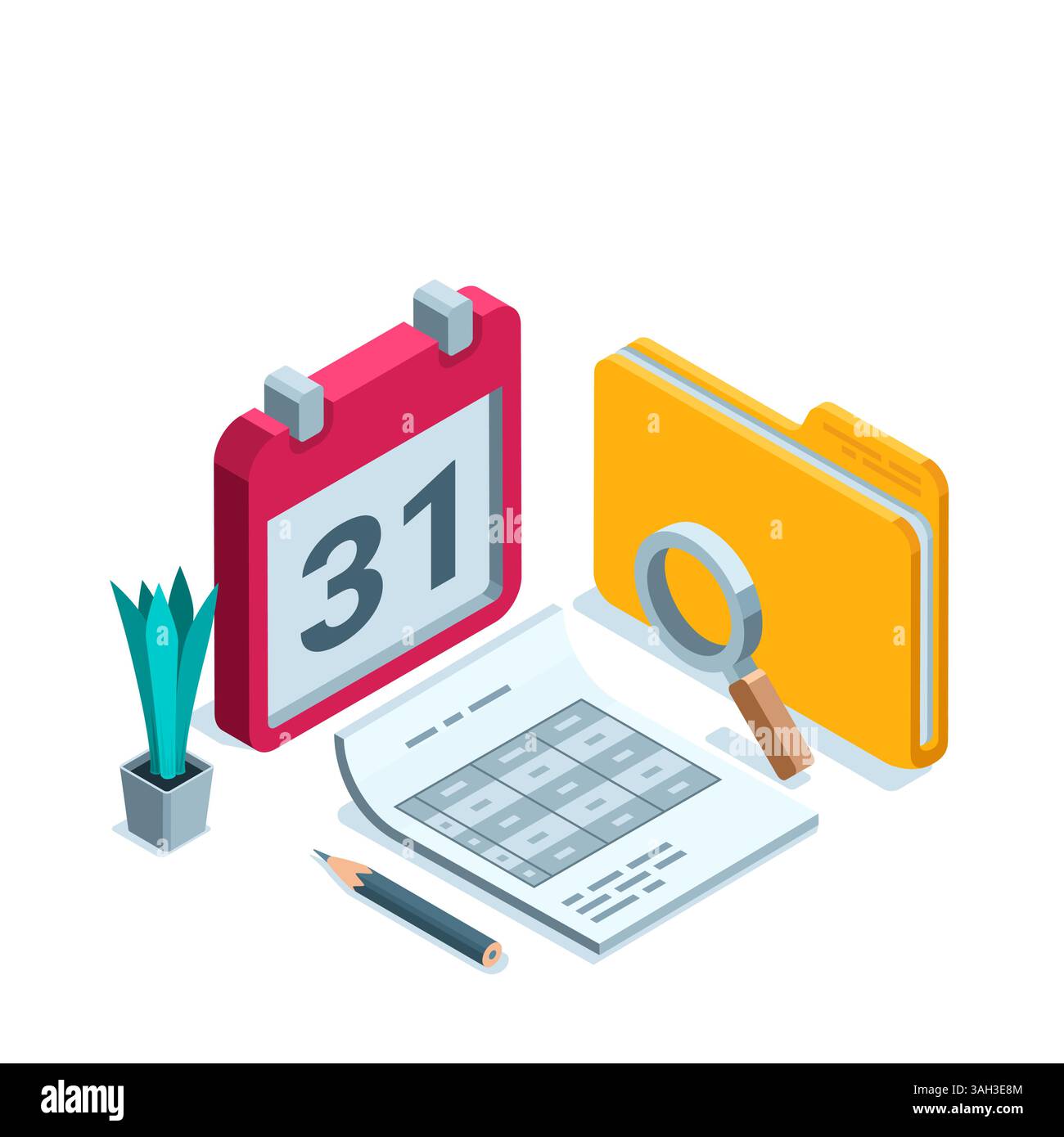 isometric concept in color on a white background, financial report on a sheet of paper near a folder and calendar Stock Vector