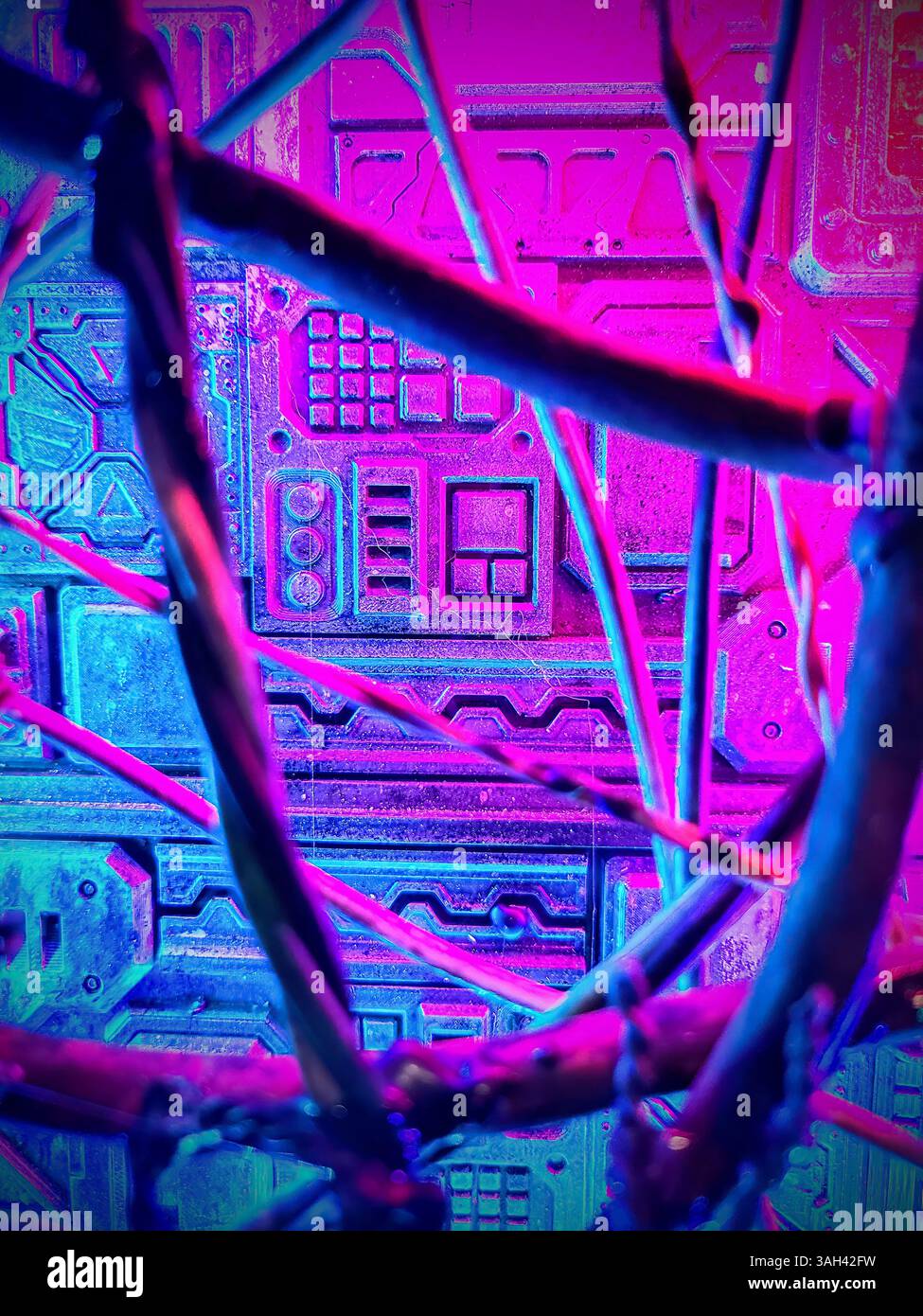 Futuristic Cable Network in Neon Hues Eye-Level View Stock Photo
