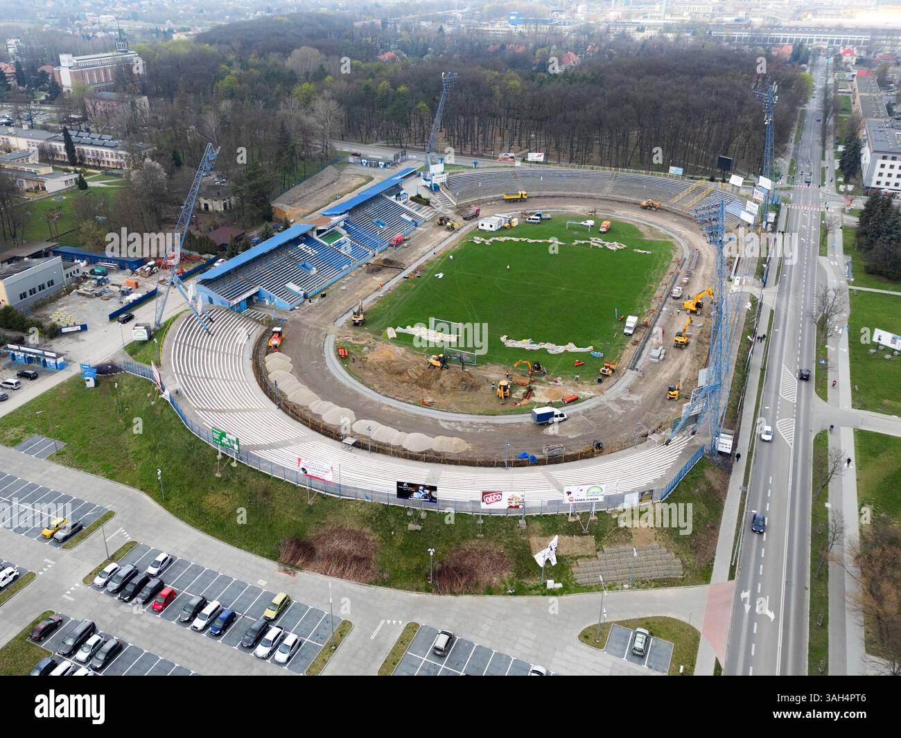 TARNÓW, POLAND – APRIL 2, 2025: Aerial view of the Unia Tarnów Speedway and Football Stadium in Tarnów, currently under renovation. By drone. Stock Photo