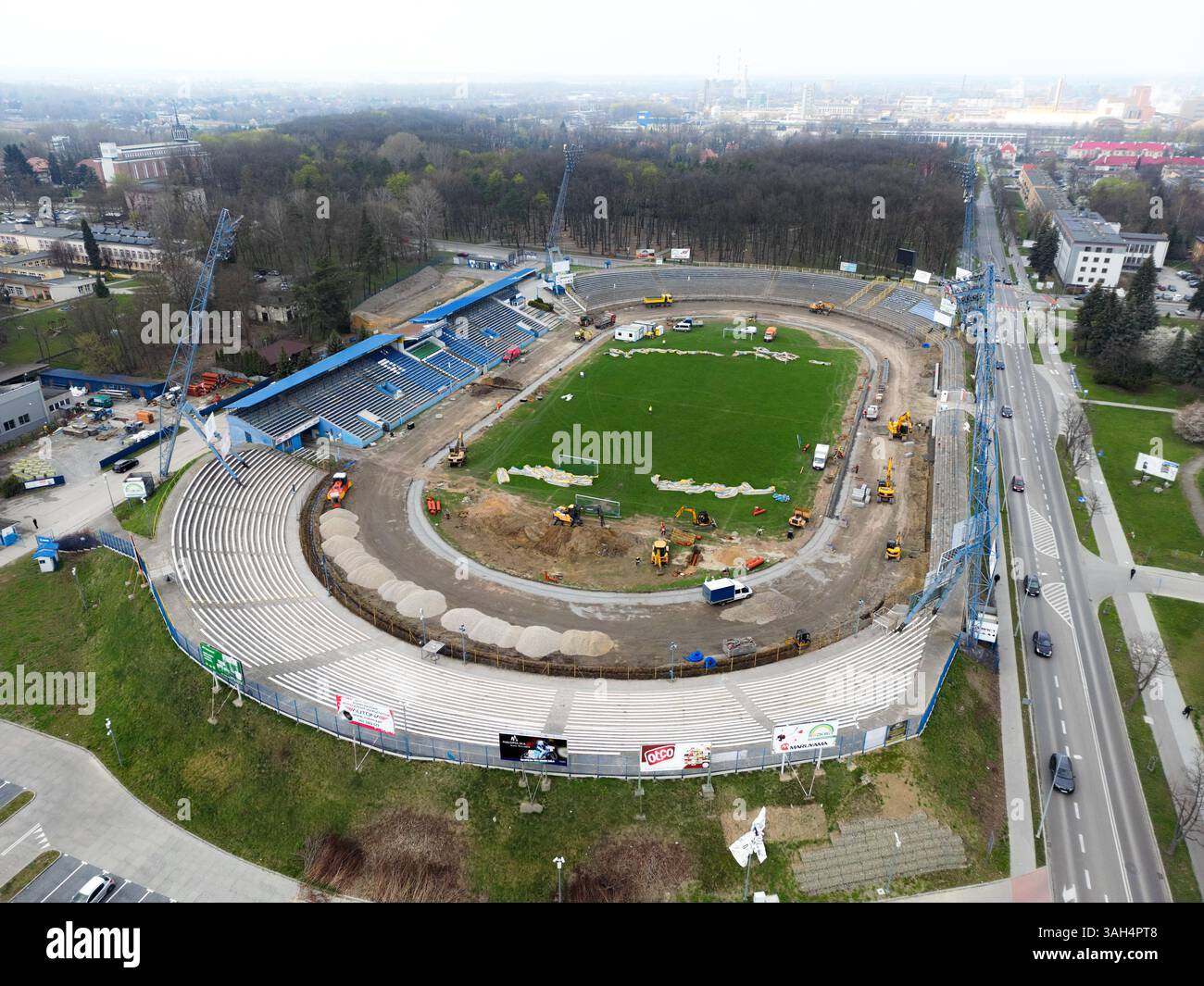 TARNÓW, POLAND – APRIL 2, 2025: Aerial view of the Unia Tarnów Speedway and Football Stadium in Tarnów, currently under renovation. By drone. Stock Photo