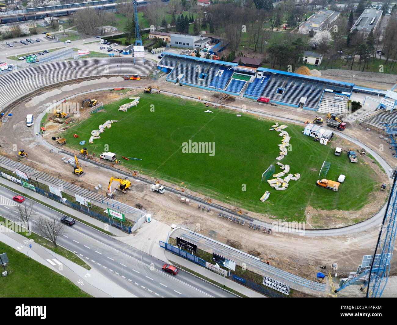 TARNÓW, POLAND – APRIL 2, 2025: Aerial view of the Unia Tarnów Speedway and Football Stadium in Tarnów, currently under renovation. By drone. Stock Photo