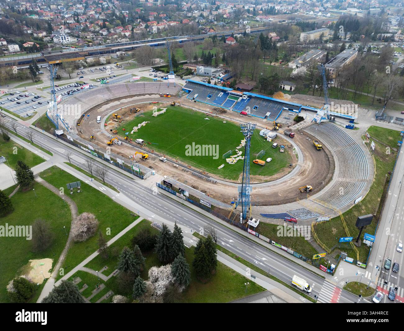 TARNÓW, POLAND – APRIL 2, 2025: Aerial view of the Unia Tarnów Speedway and Football Stadium in Tarnów, currently under renovation. By drone. Stock Photo