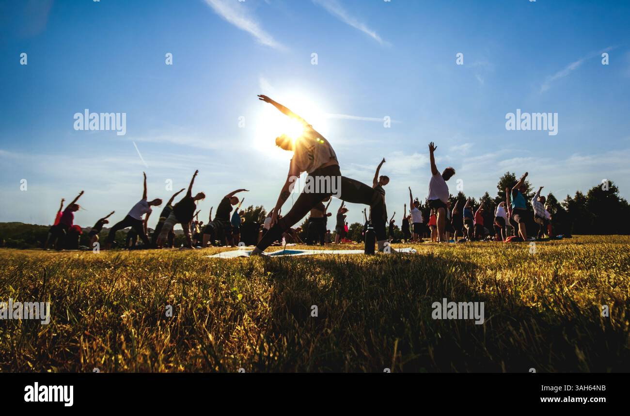 Group yoga class exercising outdoors in a field during sunset, performing stretching and balance poses. Stock Photo