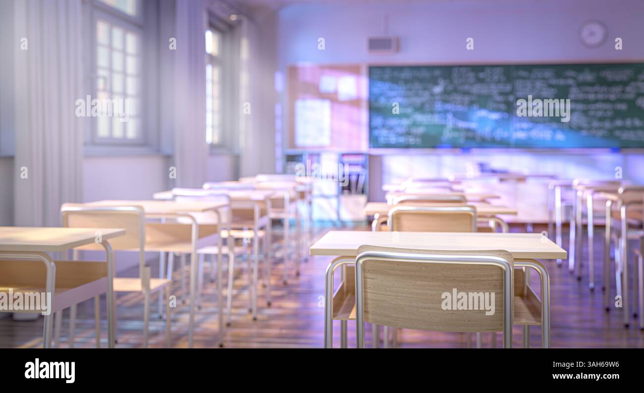Empty classroom with desks and chalkboard showing math formulas 3d Stock Photo