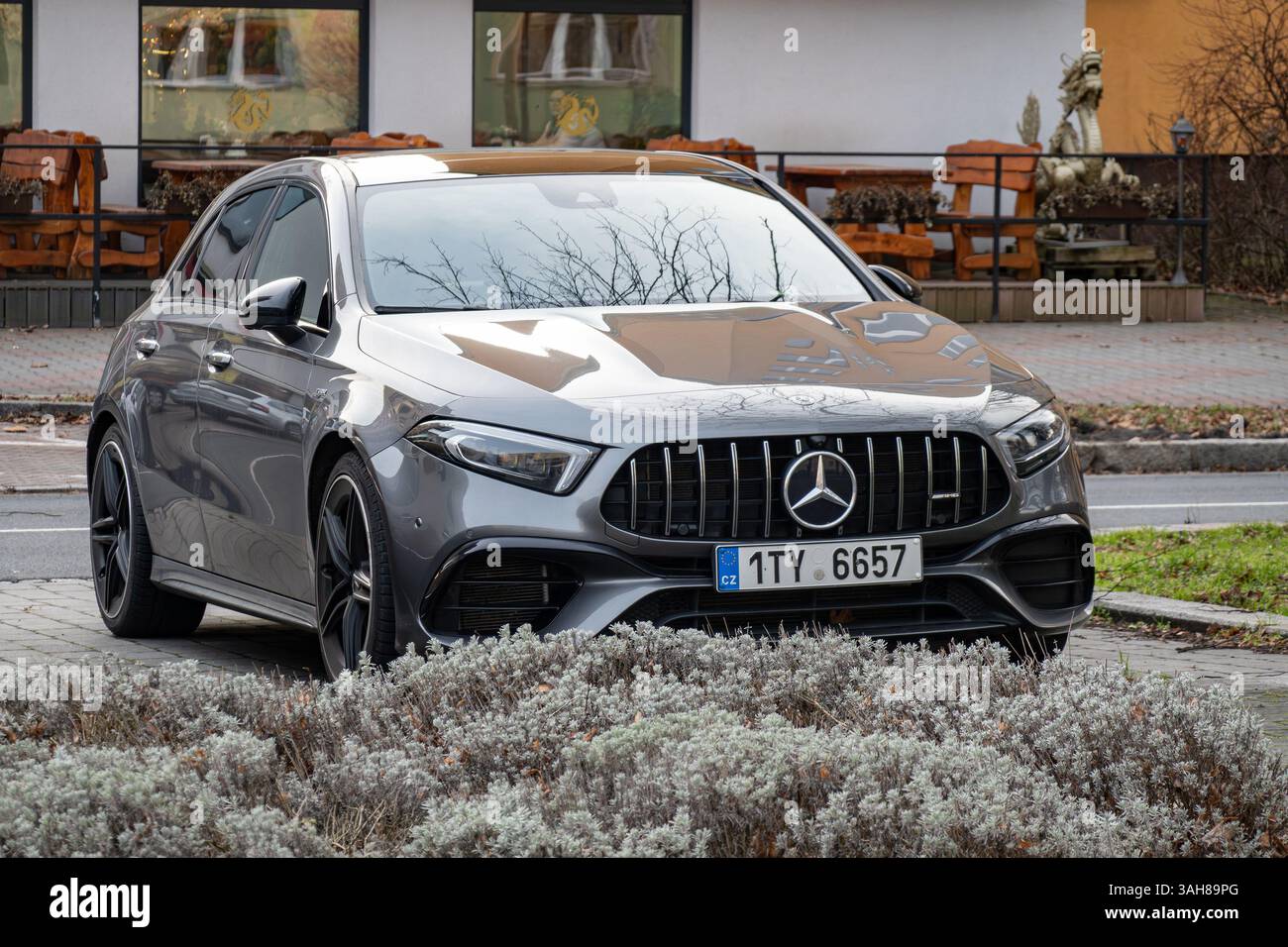 OSTRAVA, CZECHIA - DECEMBER 29, 2023: Grey Mercedes-Benz A-Class Hatchback AMG W177 car parked on street Stock Photo