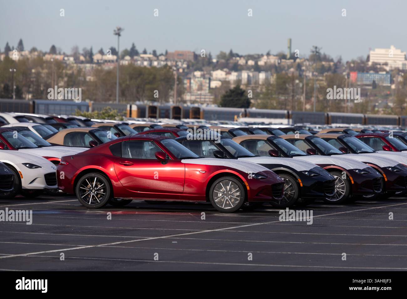 Tacoma, Washington, USA. 9th April, 2025. A fleet of imported vehicles are warehoused at the Port of Tacoma. The global trade war intensifies as China and the European Union respond to the Trump administration’s aggressive new tariffs. Credit: Paul Christian Gordon/Alamy Live News Stock Photo