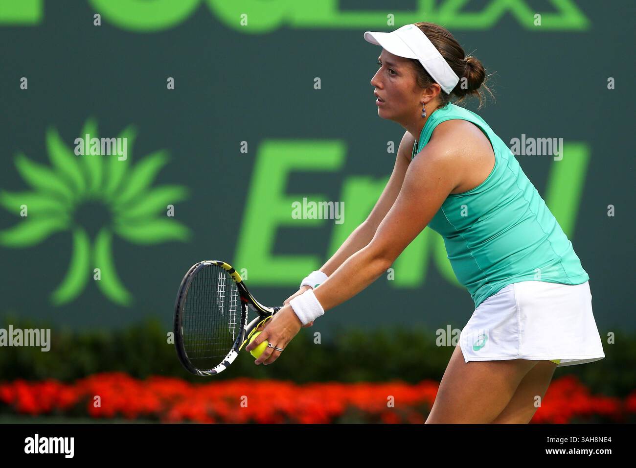 March 25, 2015 - Key Biscayne, Florida, United States - KEY BISCAYNE, FL-MAR 25: Irina Falconi of the United States serves against Monica Puig (not pictured) during the first round of women's singles on day three at the Miami Open at Crandon Park Tennis Center. Falconi won 7-6, 7-6. (Credit Image: © Debby Wong/ZUMA Wire) Stock Photo