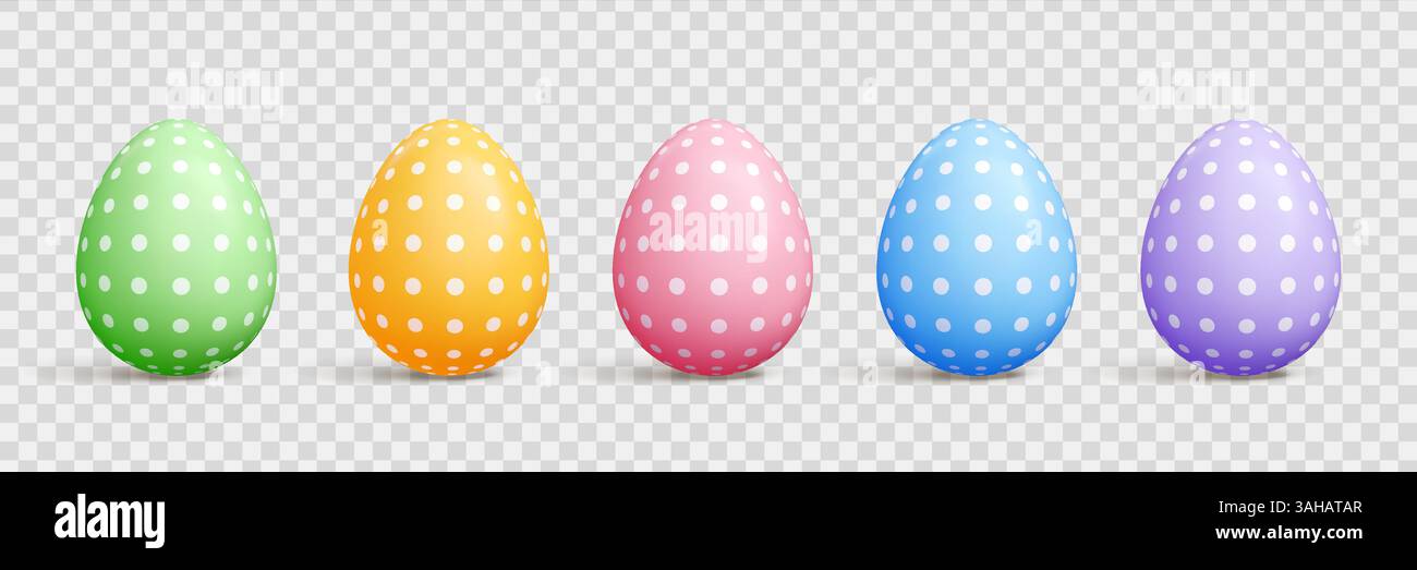 Pastel cartoon Easter egg 3d vector set - oval shapes with solid color, polka dots, strips and diagonal lines patterns Stock Vector