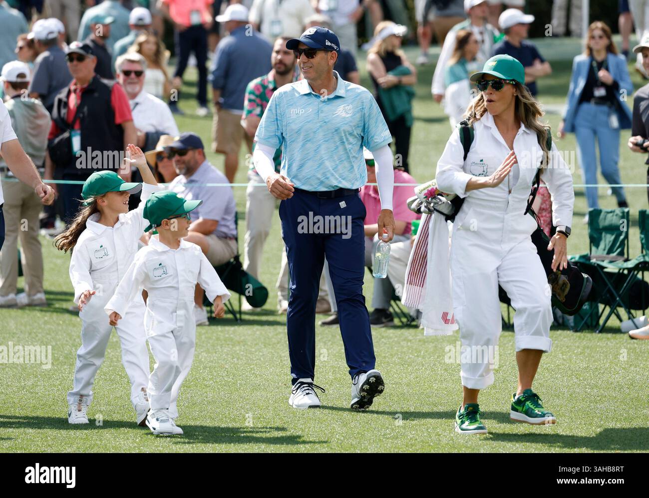 Augusta, United States. 09th Apr, 2025. Sergio Garcia of Spain walks with his wife Angela Akins and their children Azalea and Enzo during the 2025 Masters Par 3 Contest at Augusta National Golf Club in Augusta, Georgia, on Wednesday, April 9, 2025. The 2025 Masters Golf tournament begins on Thursday, April 10. Photo by John Angelillo/UPI Credit: UPI/Alamy Live News Stock Photo