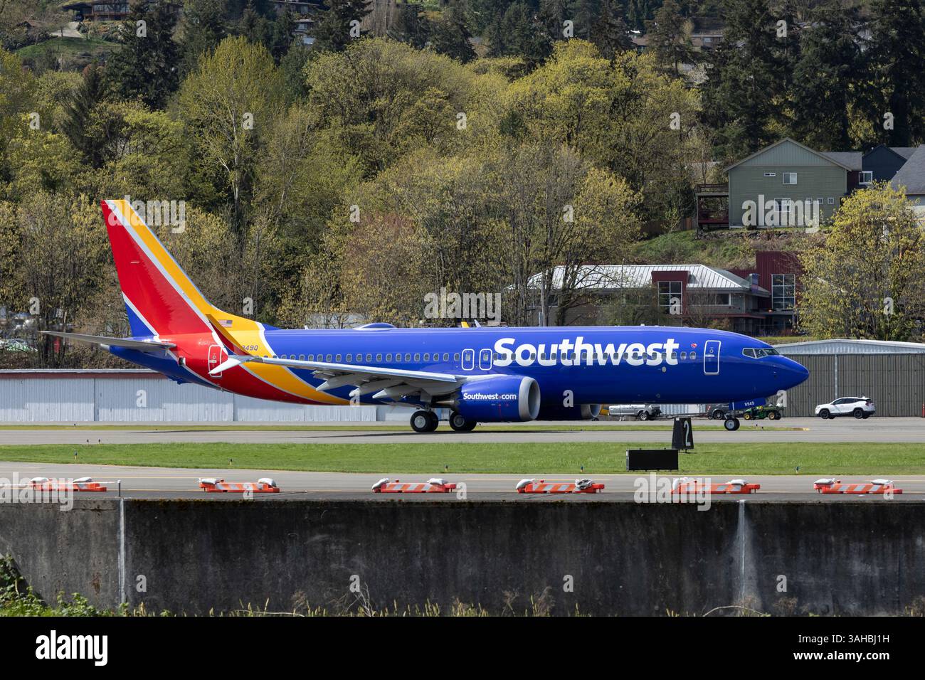Renton, Washington, USA. 9th April 2025. A Southwest Airlines 737 MAX 8, currently in production at the Boeing Renton Factory prepares to take off on a test flight at Renton Municipal Airport. Credit: Paul Christian Gordon/Alamy Live News Stock Photo