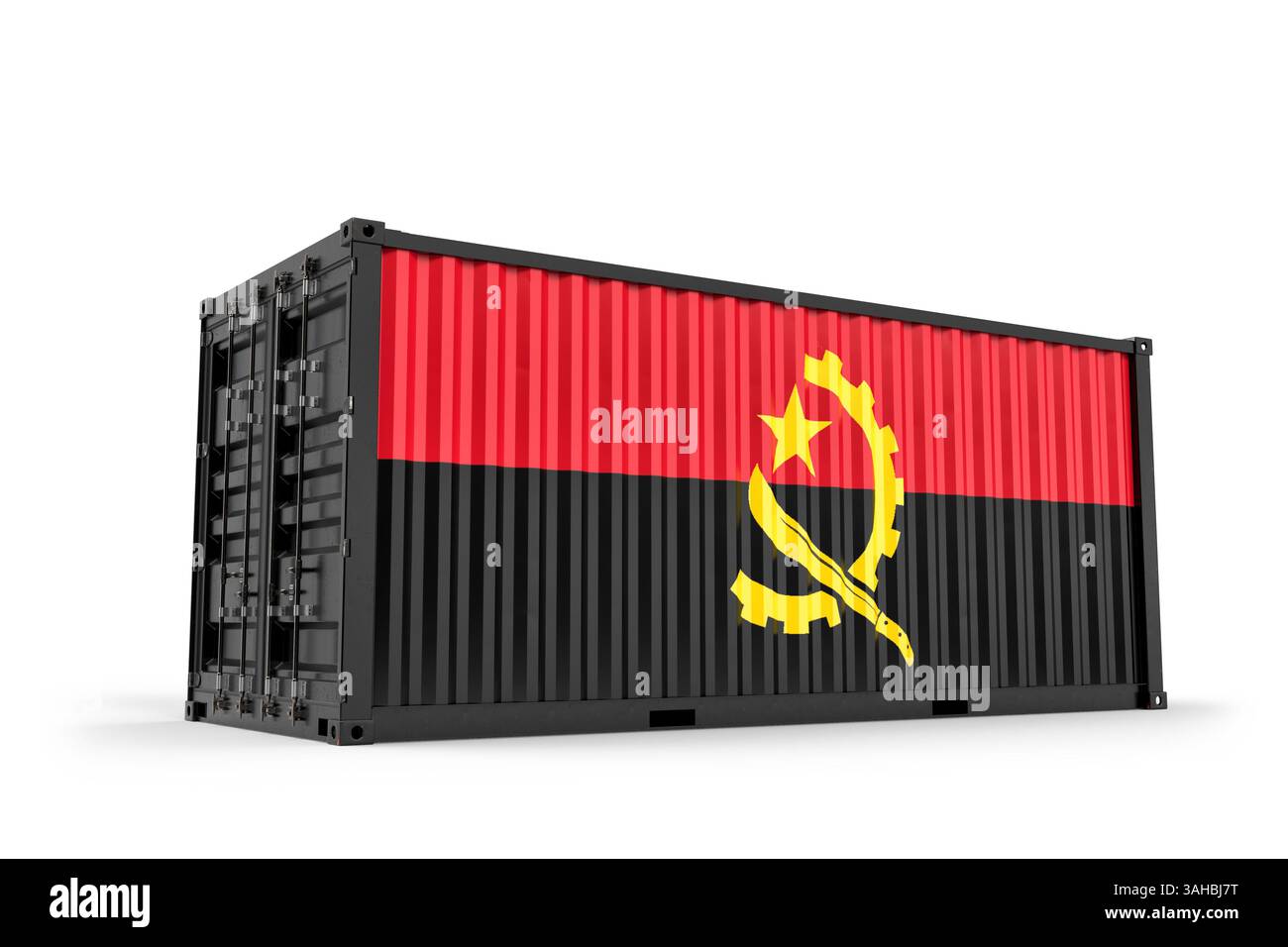Cargo shipping container painted with Angolan national flag, representing international trade and maritime logistics. 3D rendering. Stock Photo