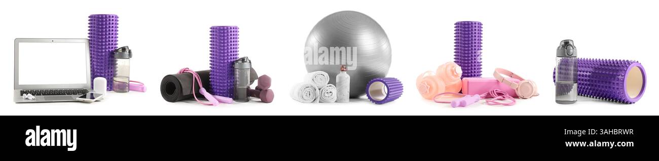 Set of sport equipment and foam rollers on white background Stock Photo ...