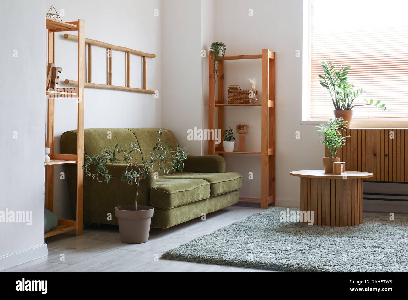 Green sofa, wooden round massive table, rack and ladder hanging on ...