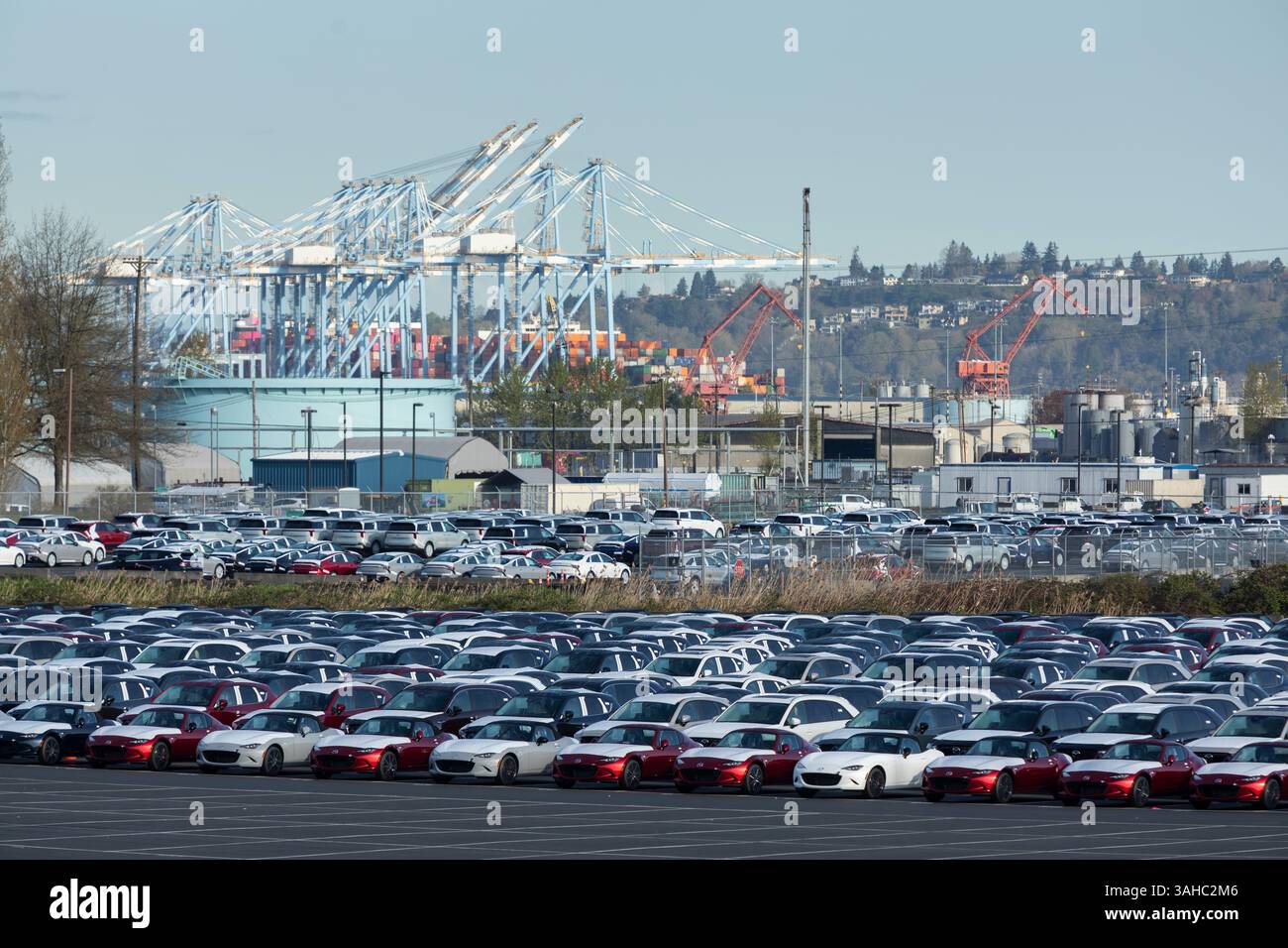 Tacoma, Washington, USA. 9th April 2025. A fleet of imported vehicles are warehoused at the Port of Tacoma. The global trade war intensifies as China and the European Union respond to the Trump administration’s aggressive new tariffs. Credit: Paul Christian Gordon/Alamy Live News Stock Photo